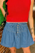Button-Front Ruffle Hem Denim Skirt with Drawstring Waist