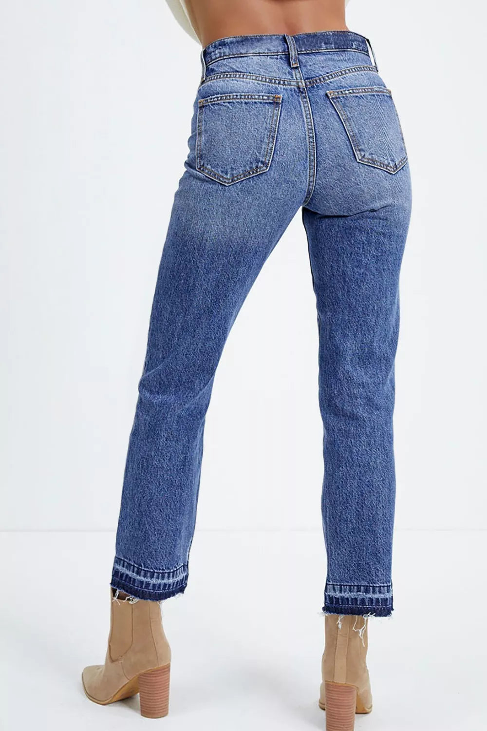Women's Whiskered Wash Raw Hem Cropped Jeans in Medium Blue