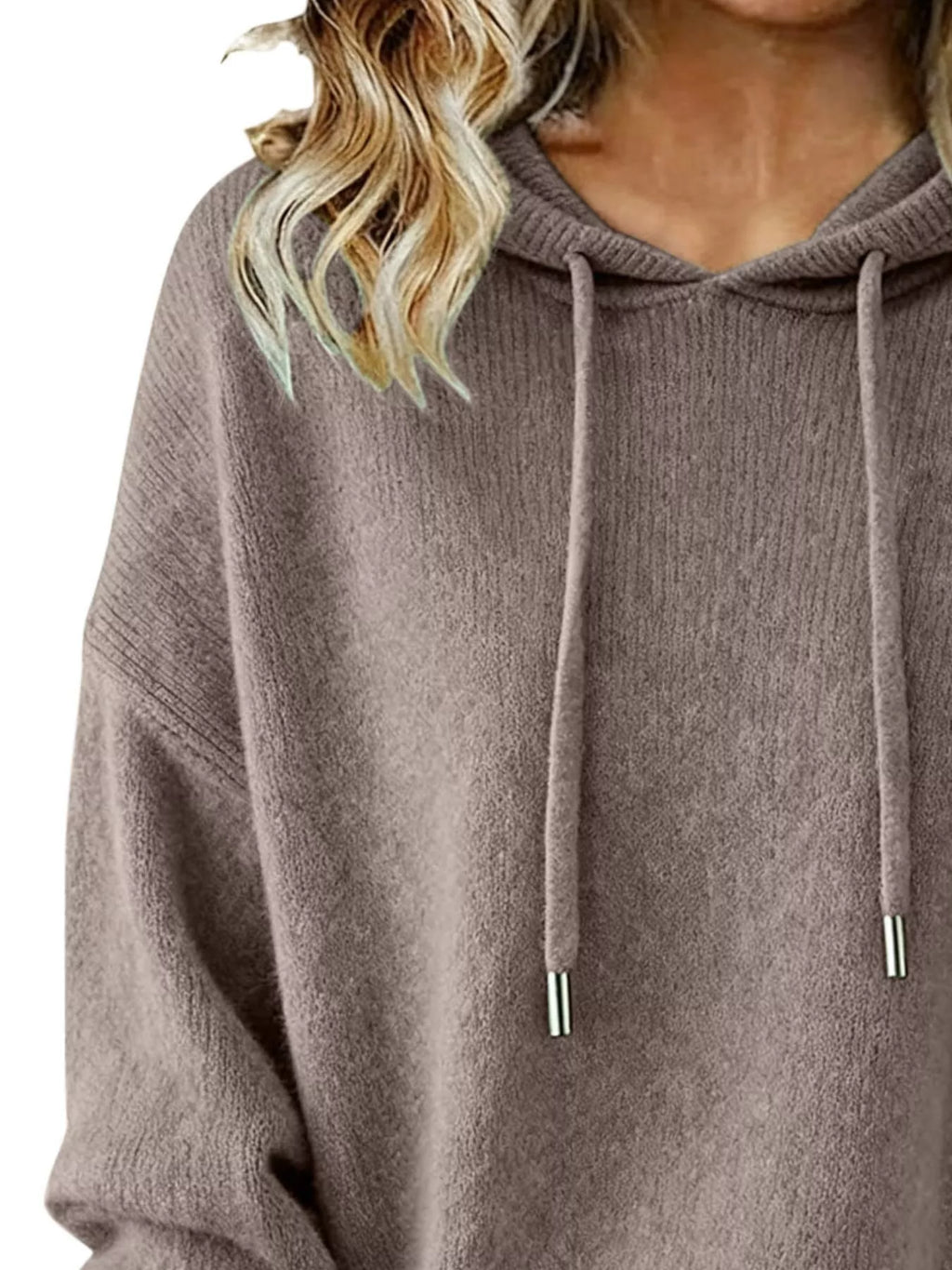 Women Long Sleeve Hooded Knit Sweater Drawstring Pullover