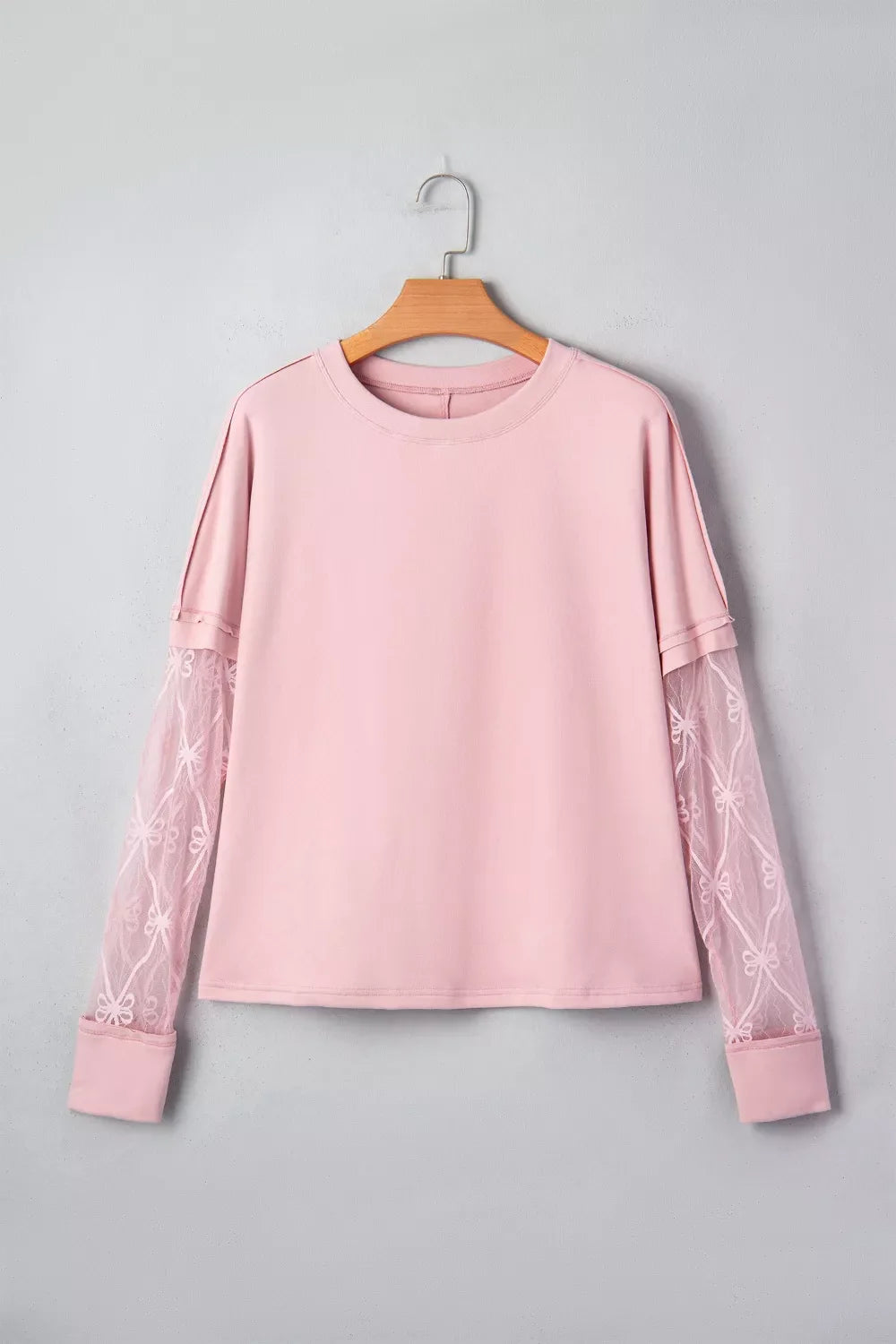 Pink Long Sleeve Tee with Sheer Lace Floral Patchwork Sleeves