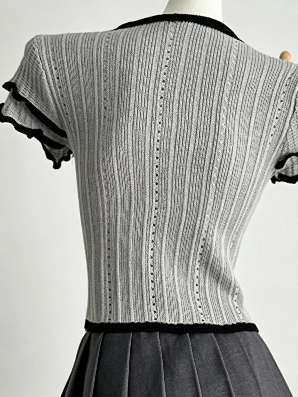 Pink Ribbed Knit Peter Pan Collar Crop Top with Frill Sleeves