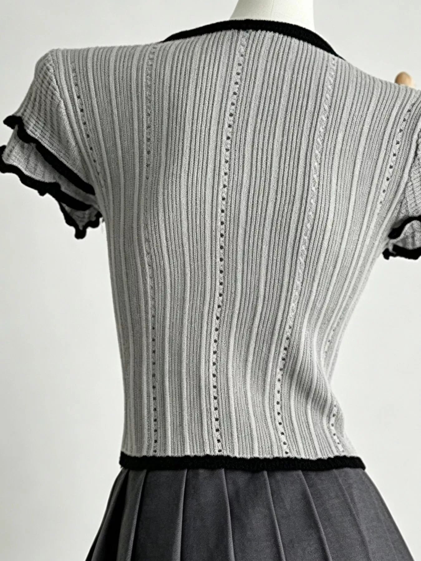 Pink Ribbed Knit Peter Pan Collar Crop Top with Frill Sleeves