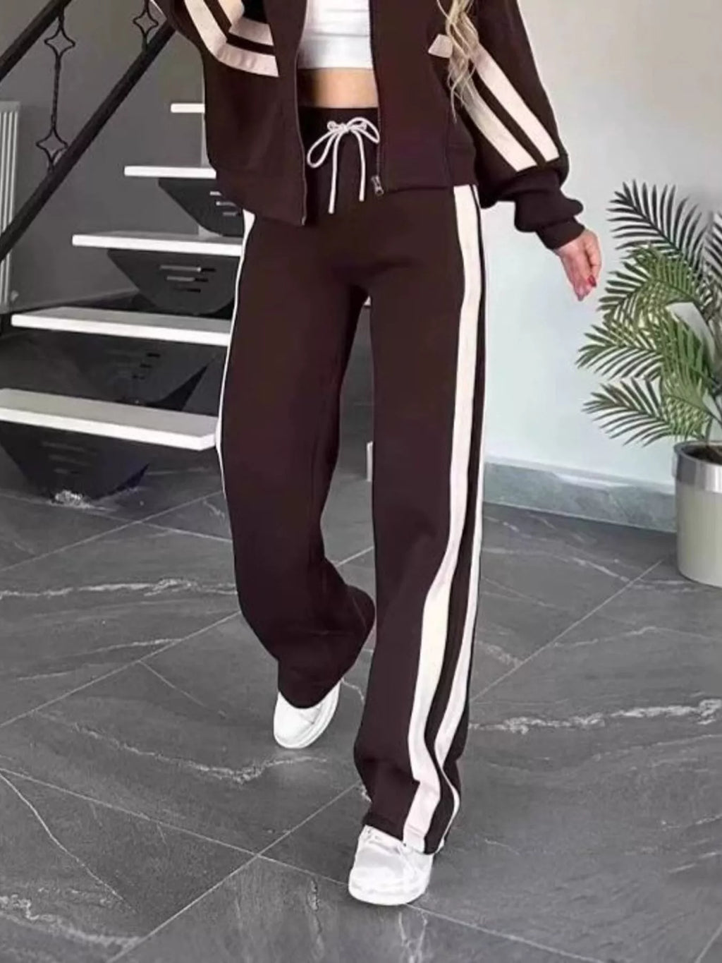 Women White Red Striped Zip Up Track Jacket and Pants Set