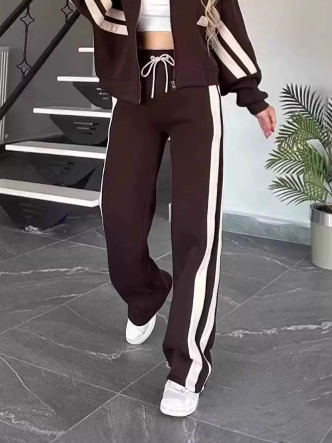 Women White Red Striped Zip Up Track Jacket and Pants Set