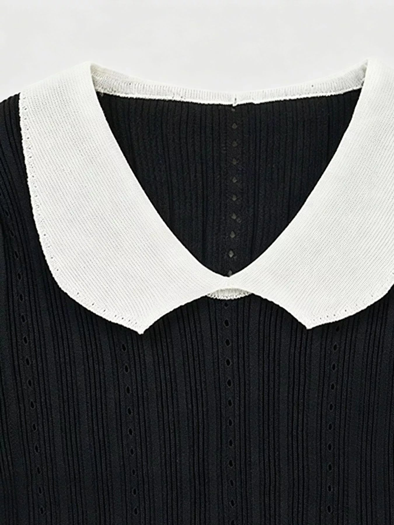 Pink Ribbed Knit Peter Pan Collar Crop Top with Frill Sleeves