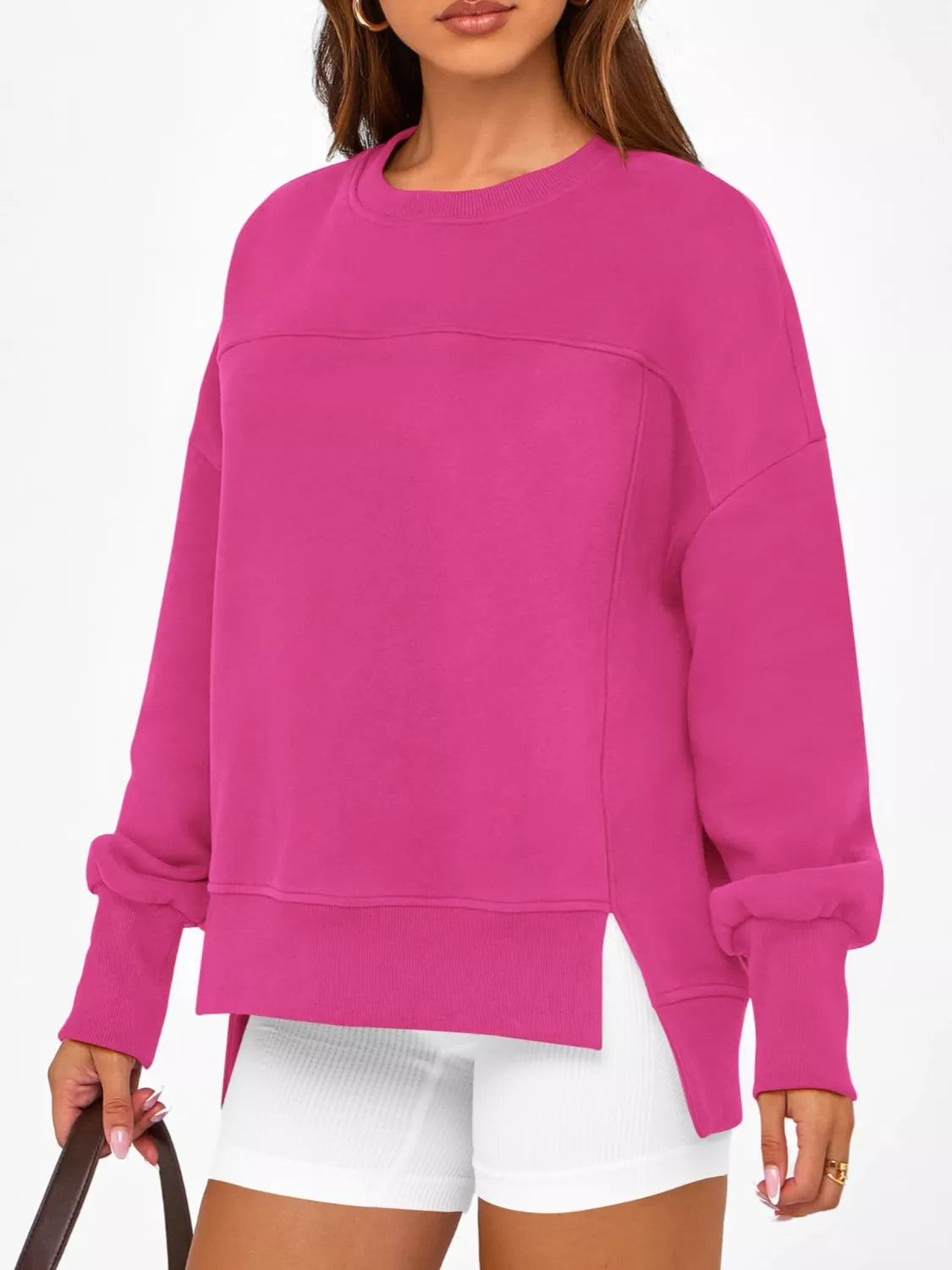 Women's Blue Side Slit Pullover Sweatshirt Long Sleeve Top