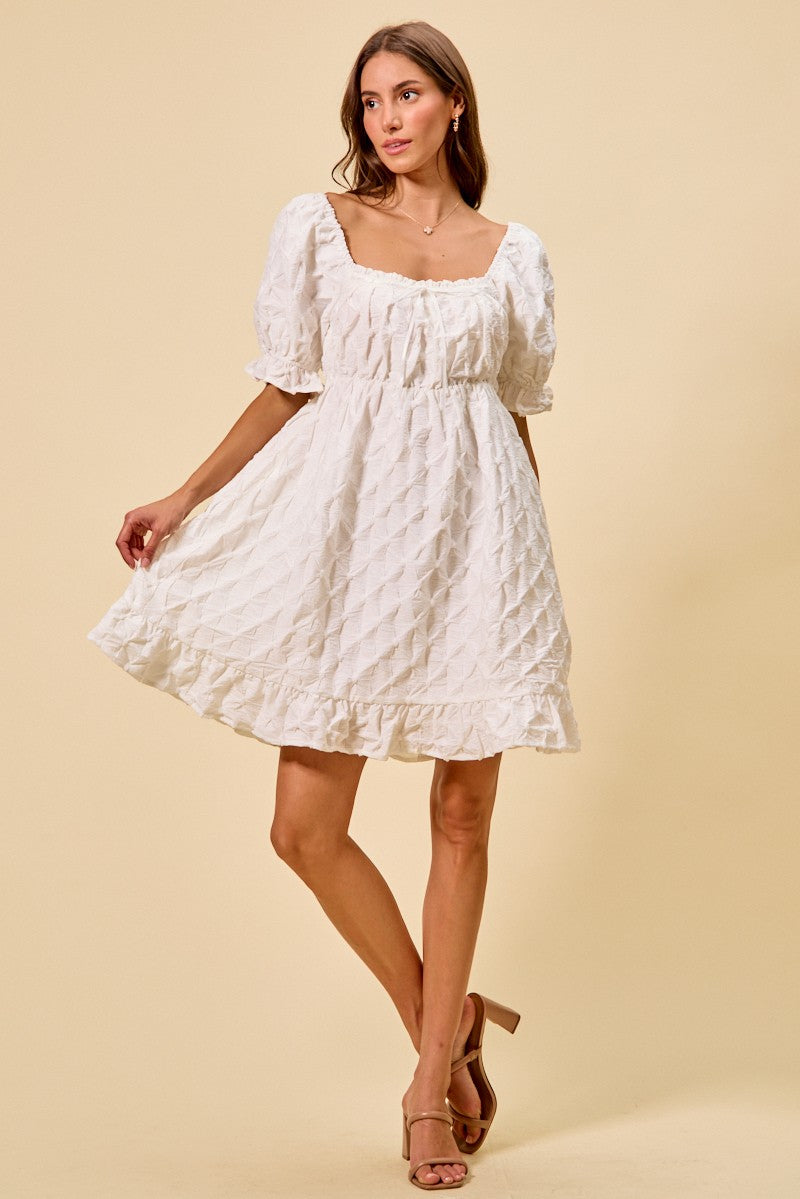 White Ruched Square Neck Mini Dress