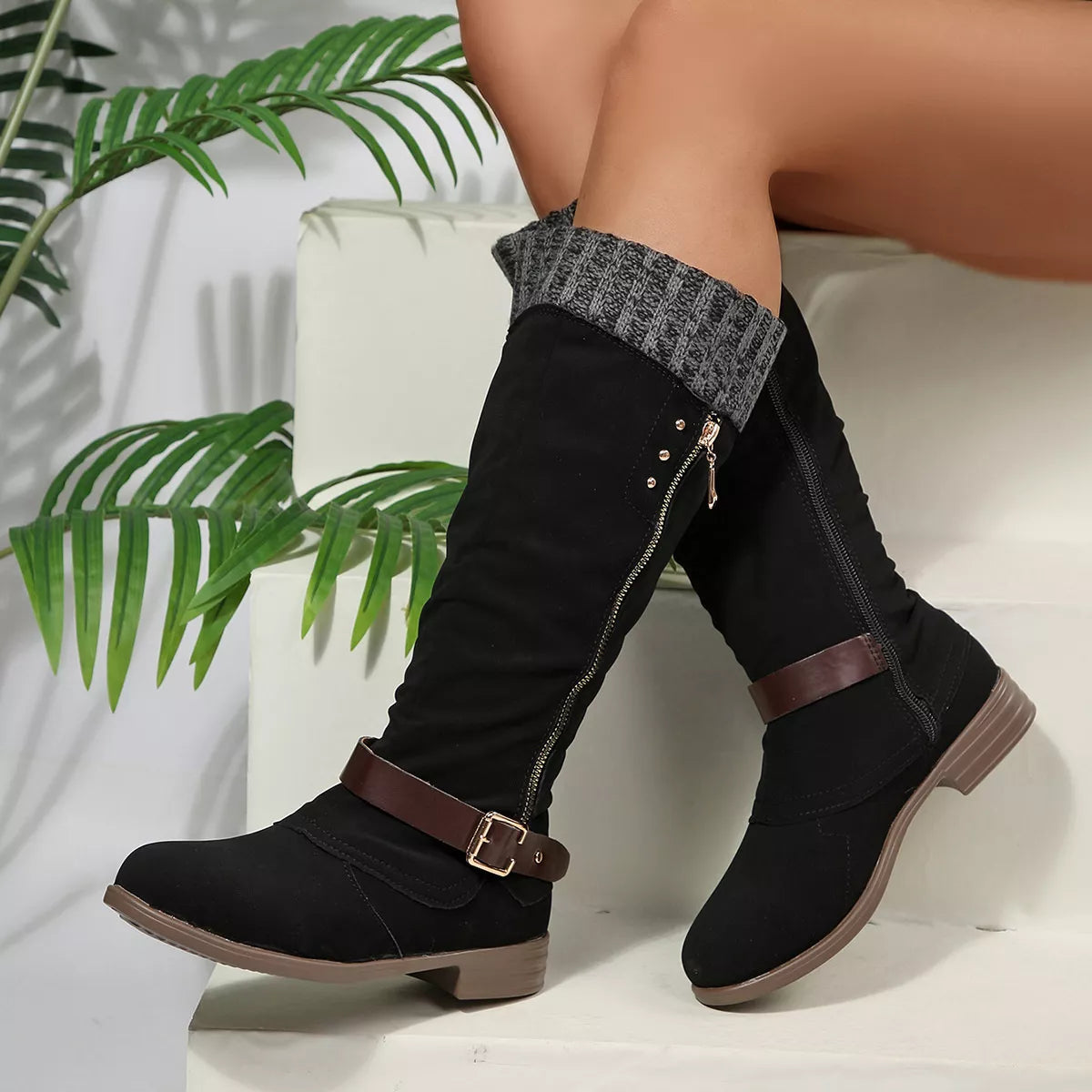 Women Black Suede Mid-Calf Boots with Knit Cuff and Buckle Detail