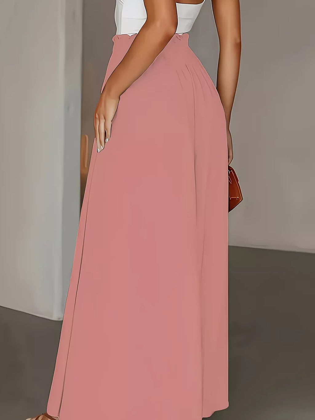 Beige High-Waisted Wide-Leg Pants with Button Detail