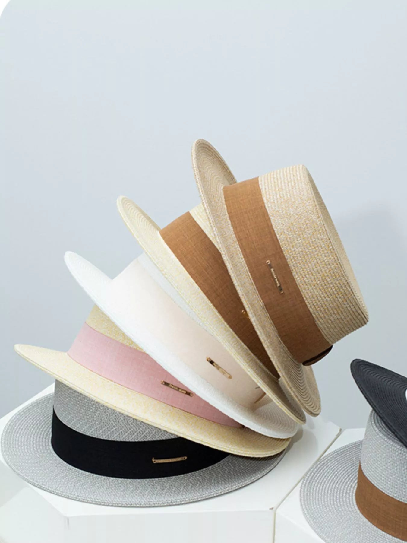 Straw Boater Hat with Ribbon Band and Metal Accent
