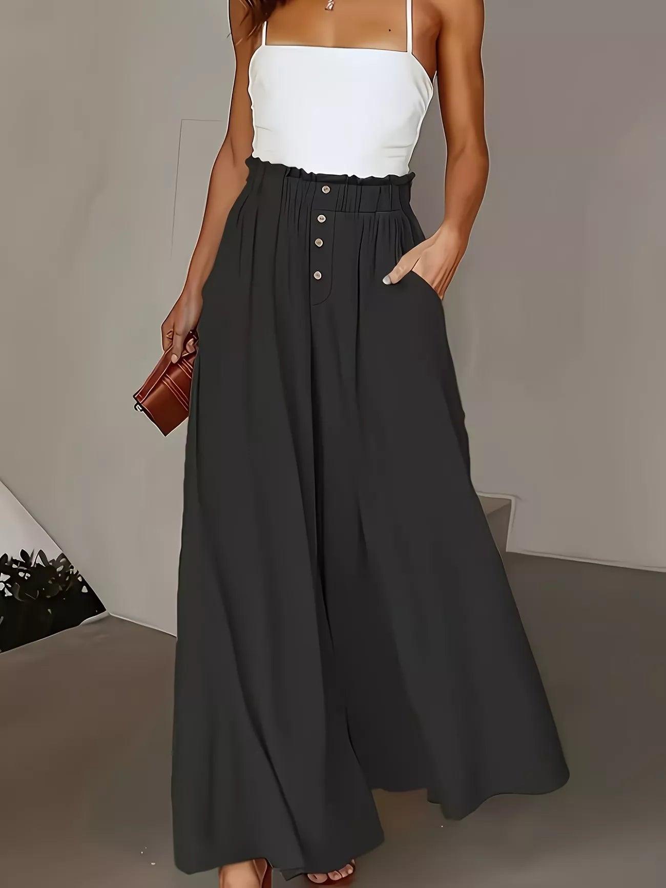 Beige High-Waisted Wide-Leg Pants with Button Detail