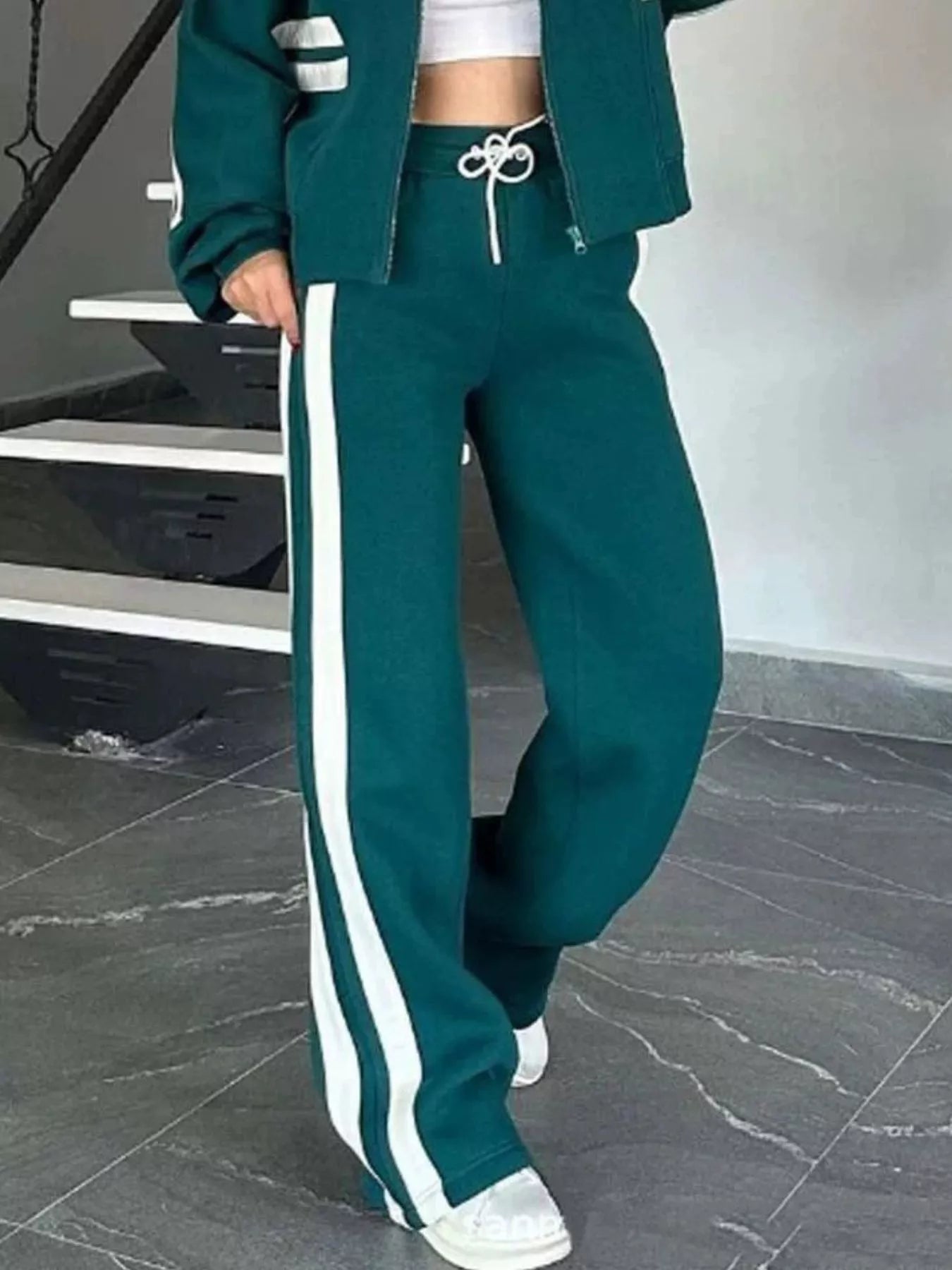 Women White Red Striped Zip Up Track Jacket and Pants Set