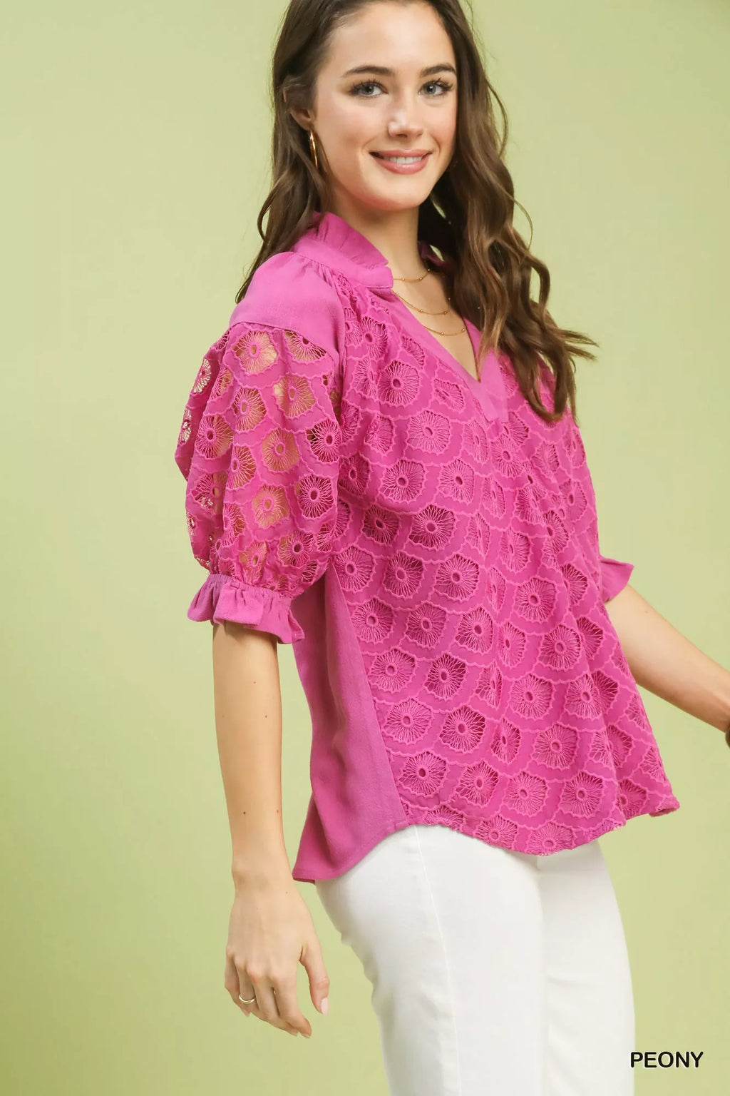 Peony V-Neck Lace Puff Sleeve Linen Blend Top