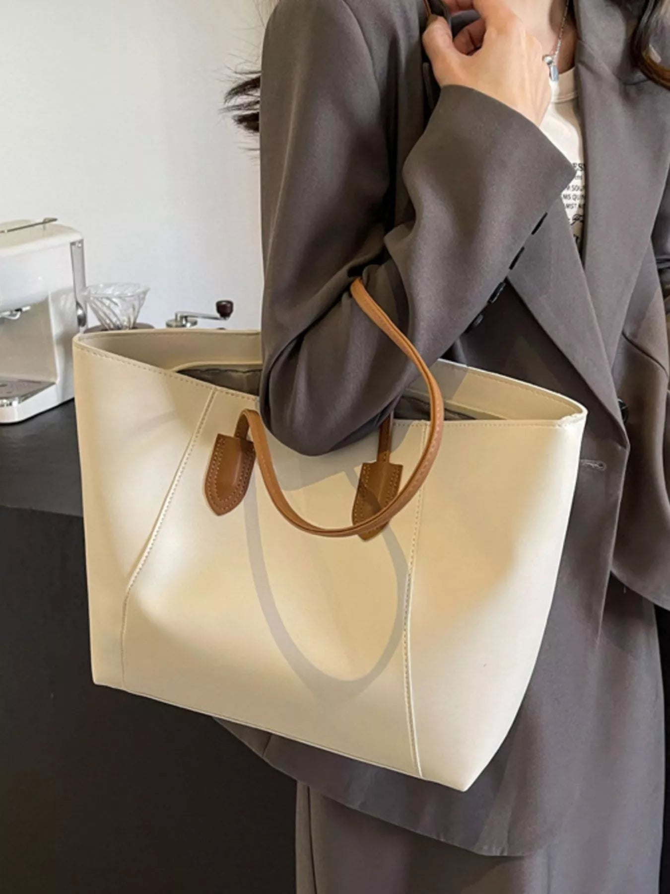 Two-Tone PU Leather Shoulder Tote Bag in Cream and Brown