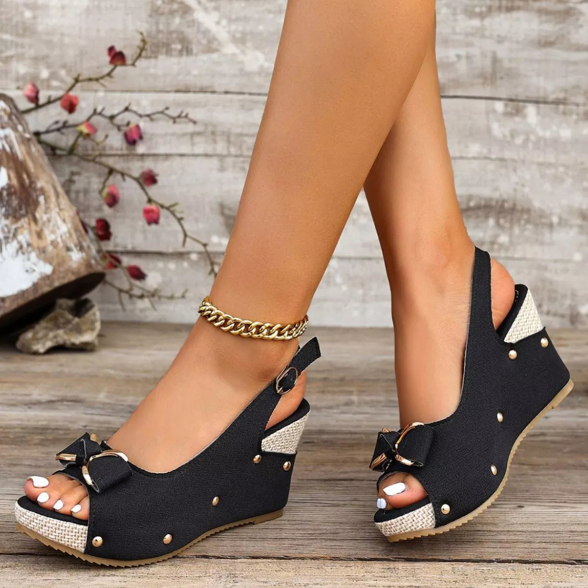 Peep Toe Wedge Sandals with Bow Detail and Slingback Strap