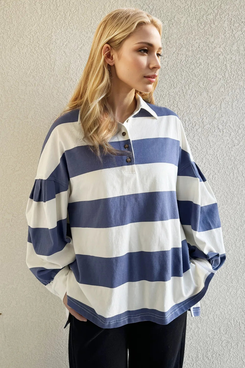 Women's Blue and White Striped Pima Cotton Long Sleeve Polo Top