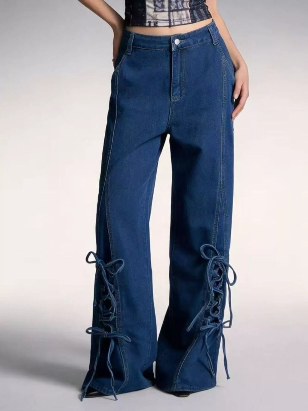 Women's Wide Leg Denim Jeans with Side Lace-Up Detail
