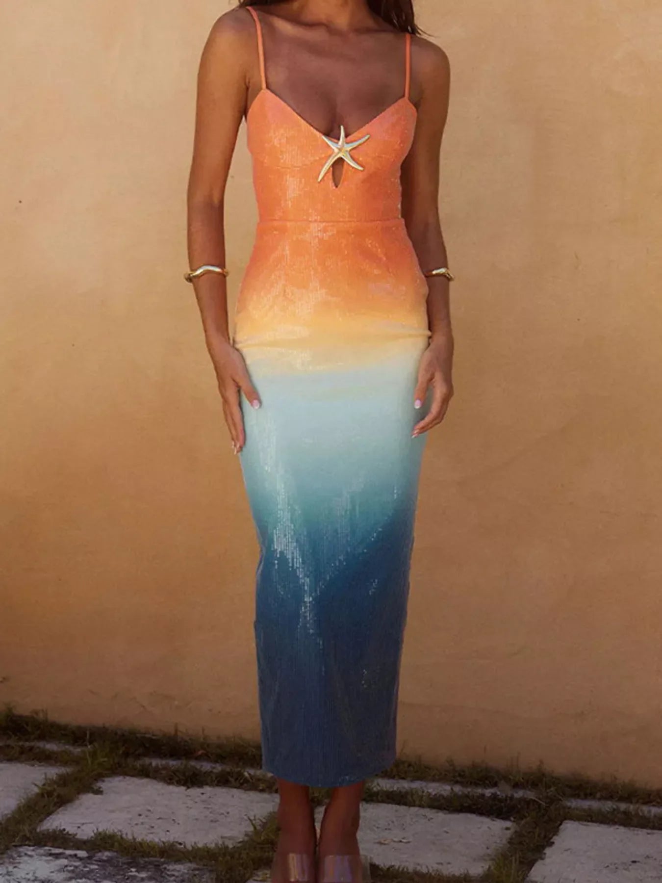 Gradient Cami Maxi Dress with Sequin Detail and Slit Back