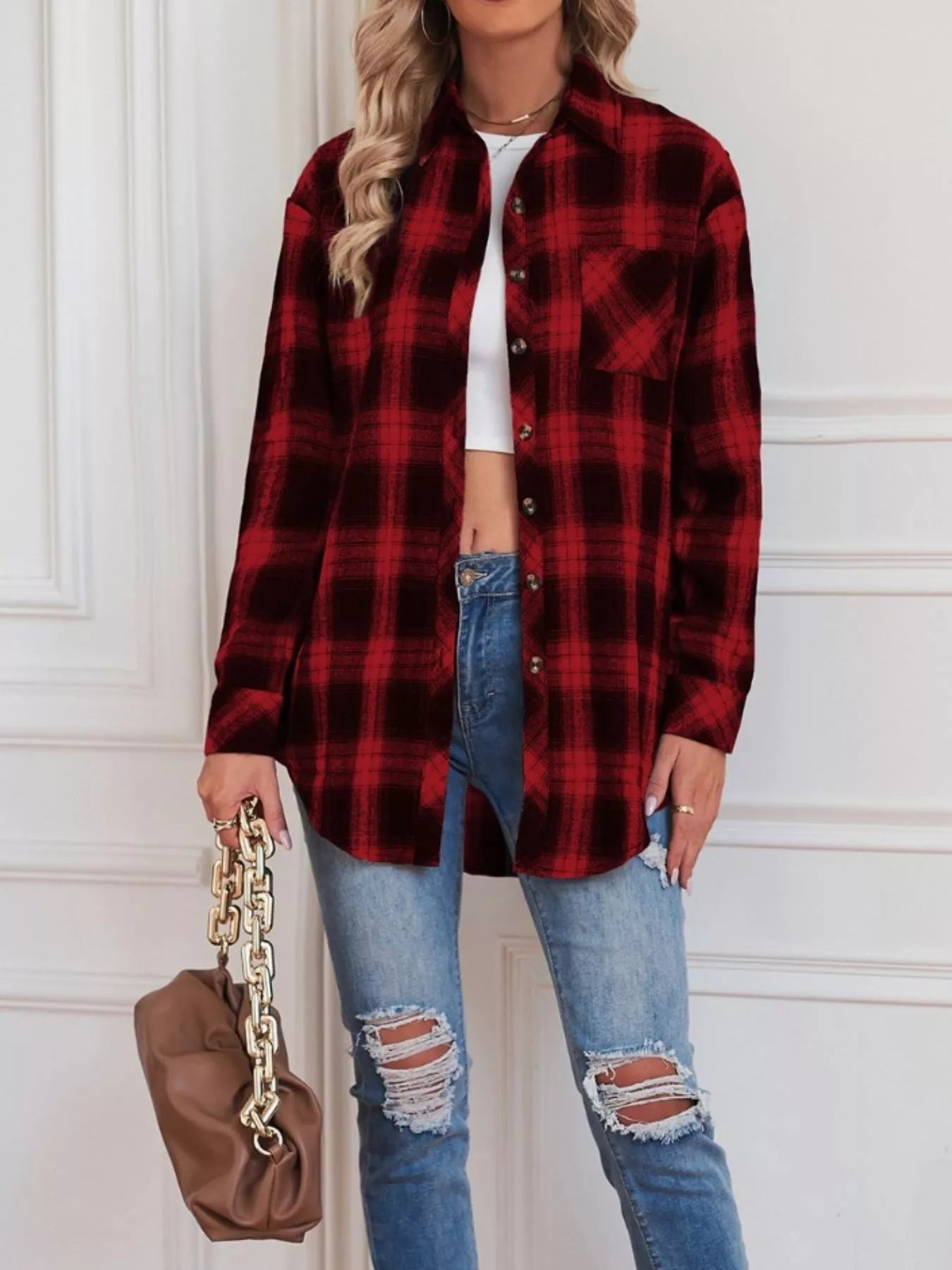 Women's Black and White Plaid Button Up Long Sleeve Shirt