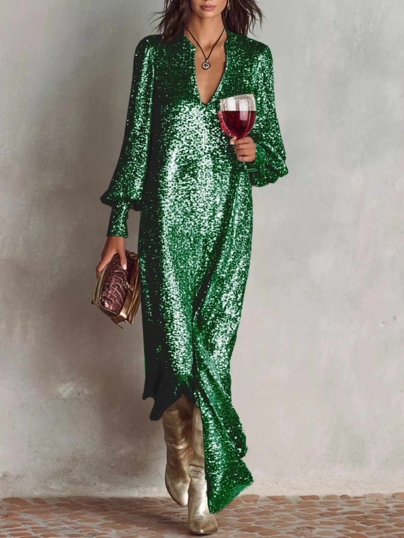Gold Sequin Notched Lantern Sleeve Maxi Dress for Parties