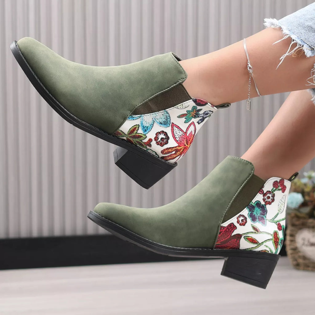 Women's Black Point Toe Mid Block Heel Ankle Boots