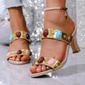 Women's Open Toe Block Heel Sandals in Gold & Leather