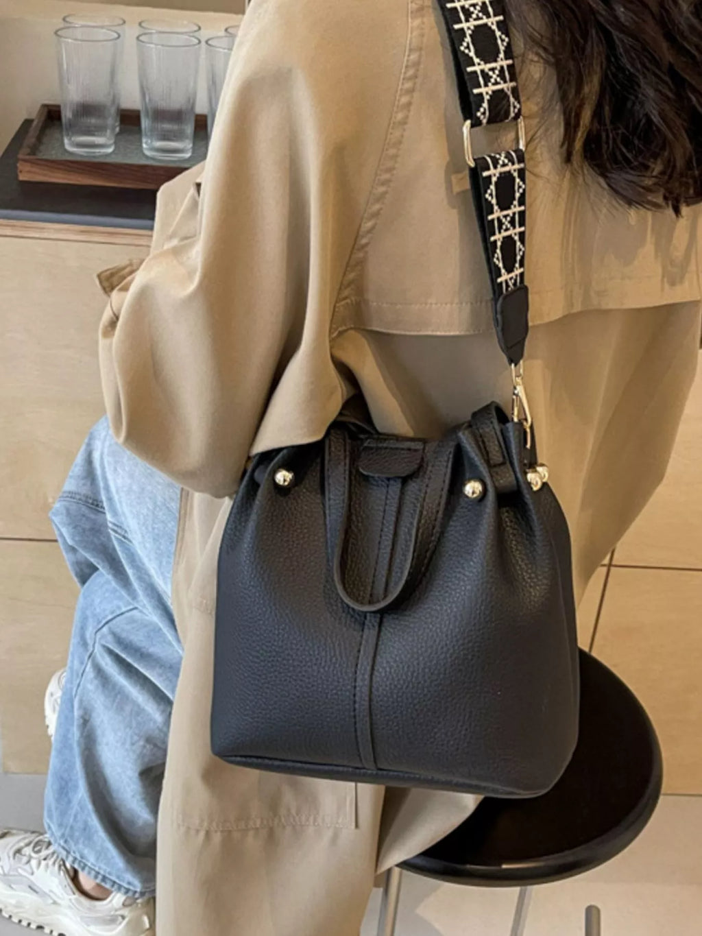 Black PU Leather Bucket Crossbody Bag with Patterned Strap
