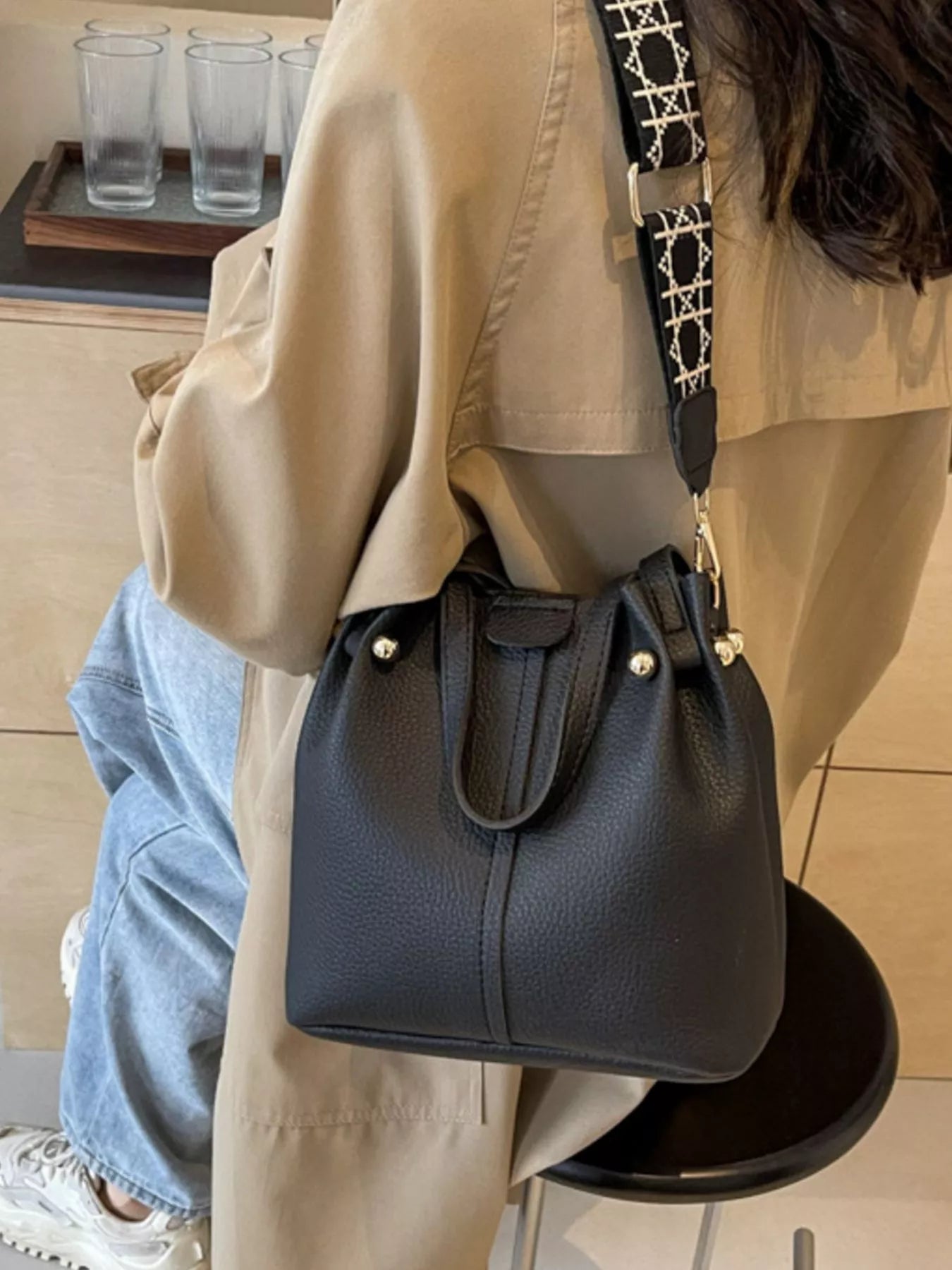 Black PU Leather Bucket Crossbody Bag with Patterned Strap