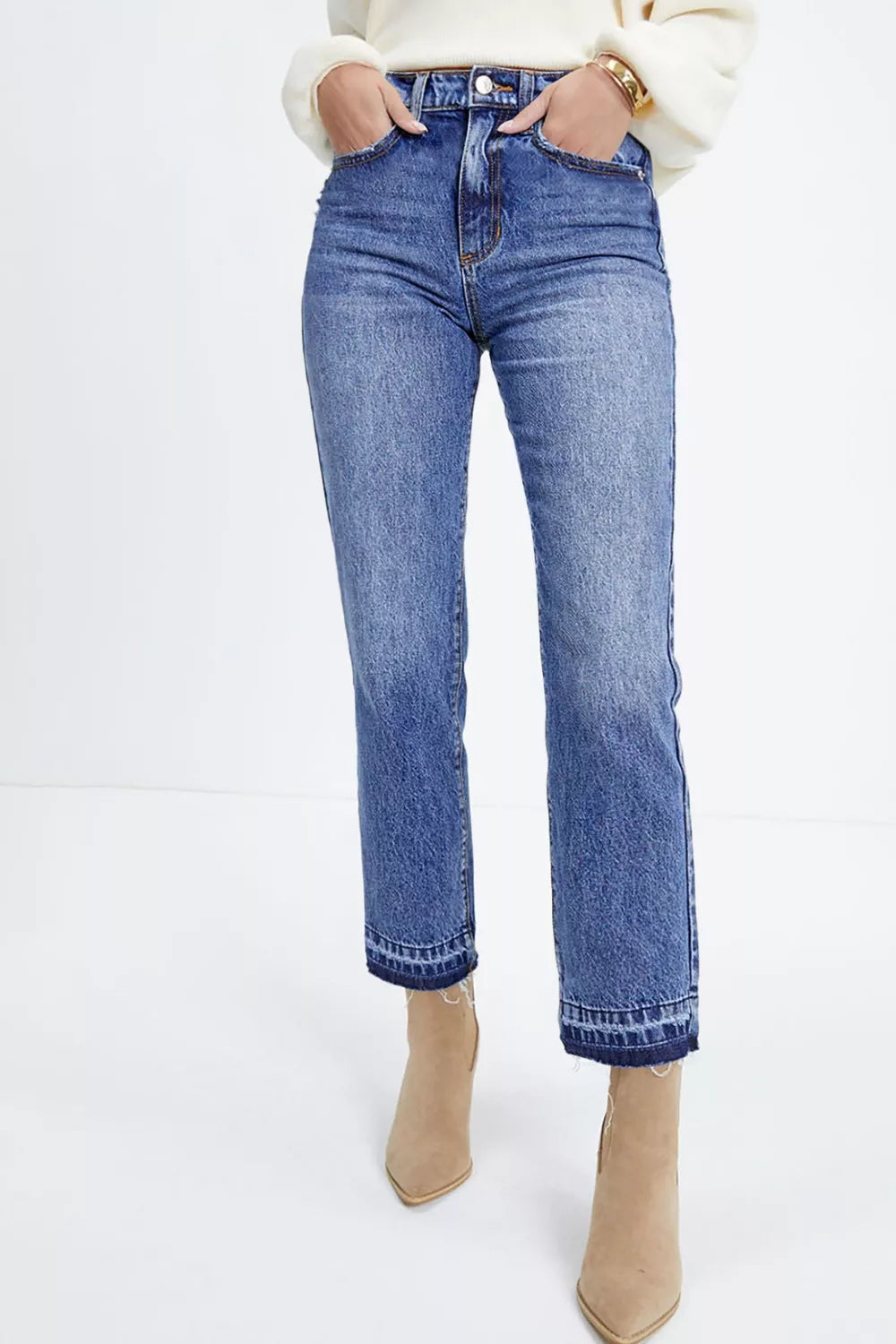 Women's Whiskered Wash Raw Hem Cropped Jeans in Medium Blue