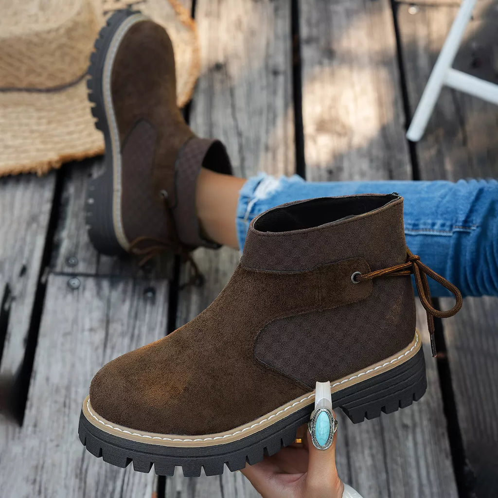Women's Black Round Toe Platform Suede Boots with Check Detail