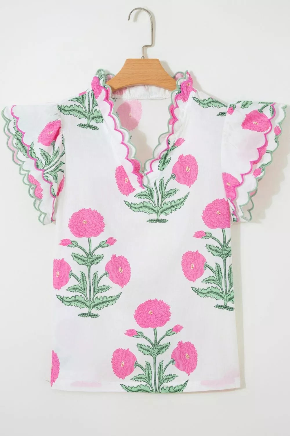 Floral Scallop Trim V Neck Blouse White Pink Green