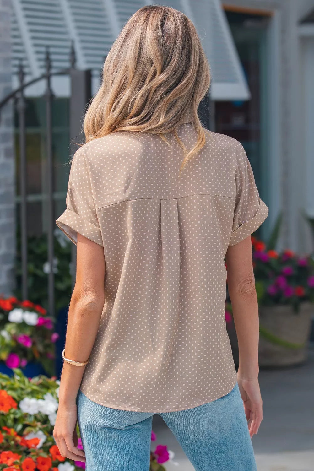 Women's Tan Polka Dot Button Down Short Sleeve Shirt