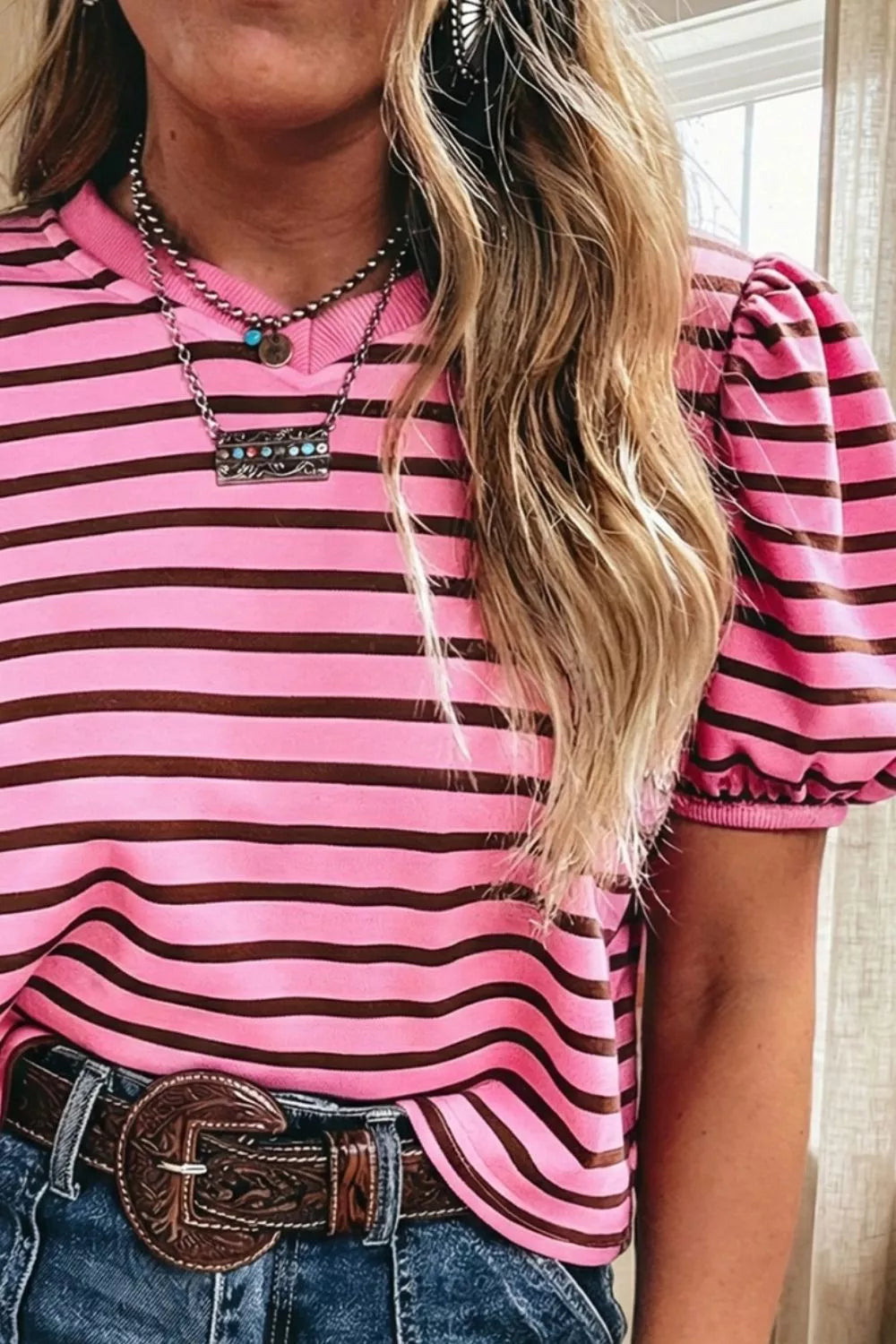 Pink and Brown Striped Puff Sleeve V-Neck Cotton Blend Top