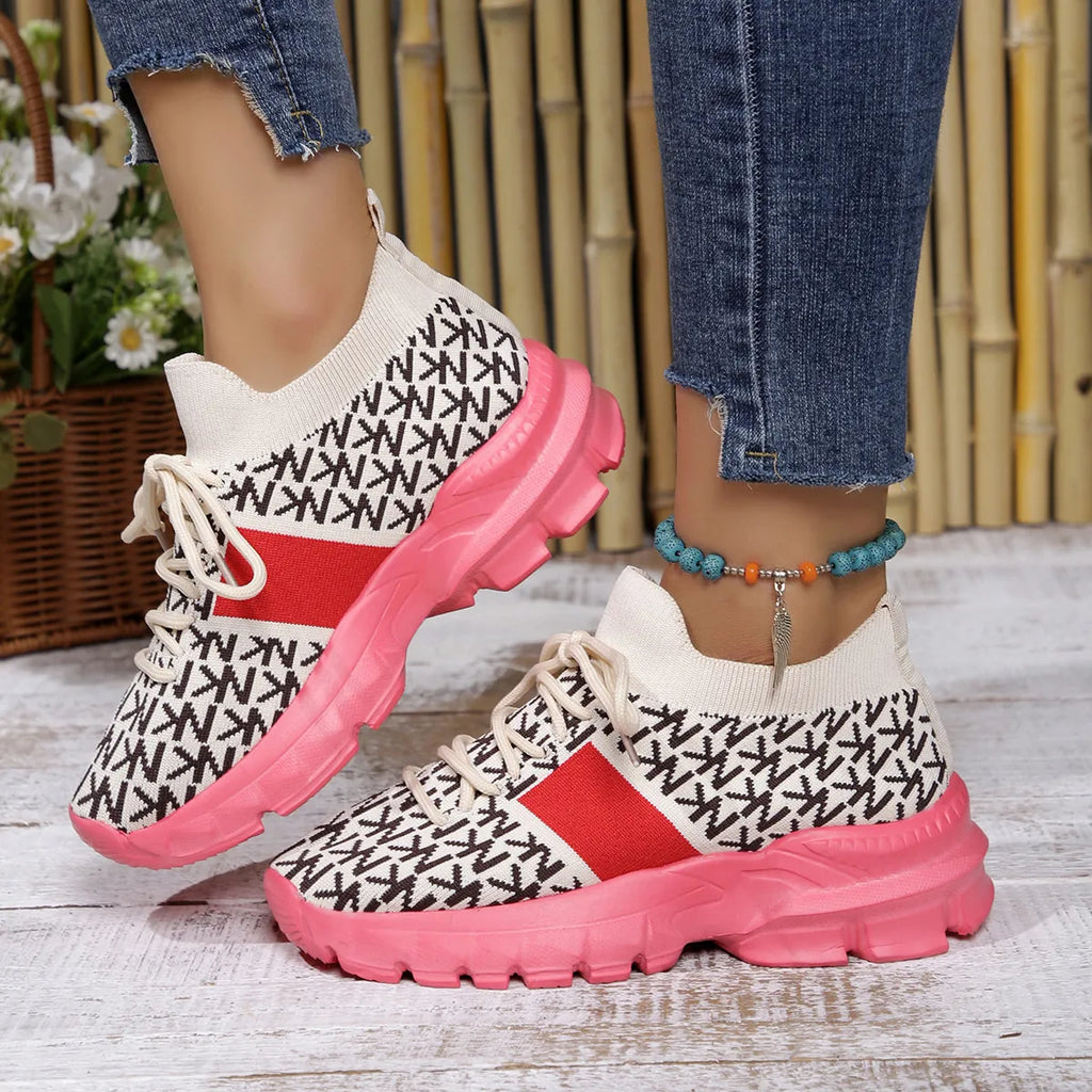 Women's Letter Print Lace-Up Sneakers with Chunky Pink Sole