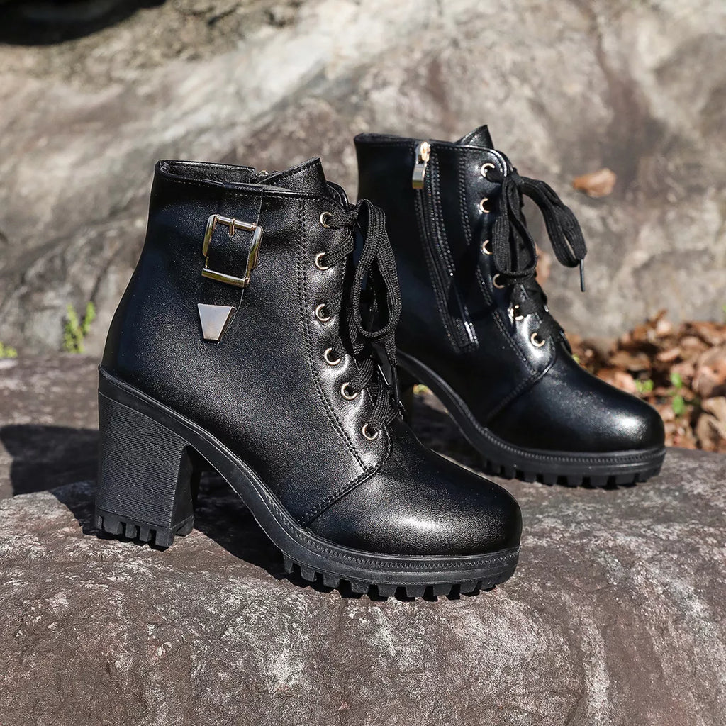 Women's Lace Up Block Heel Boots in Brown Faux Leather