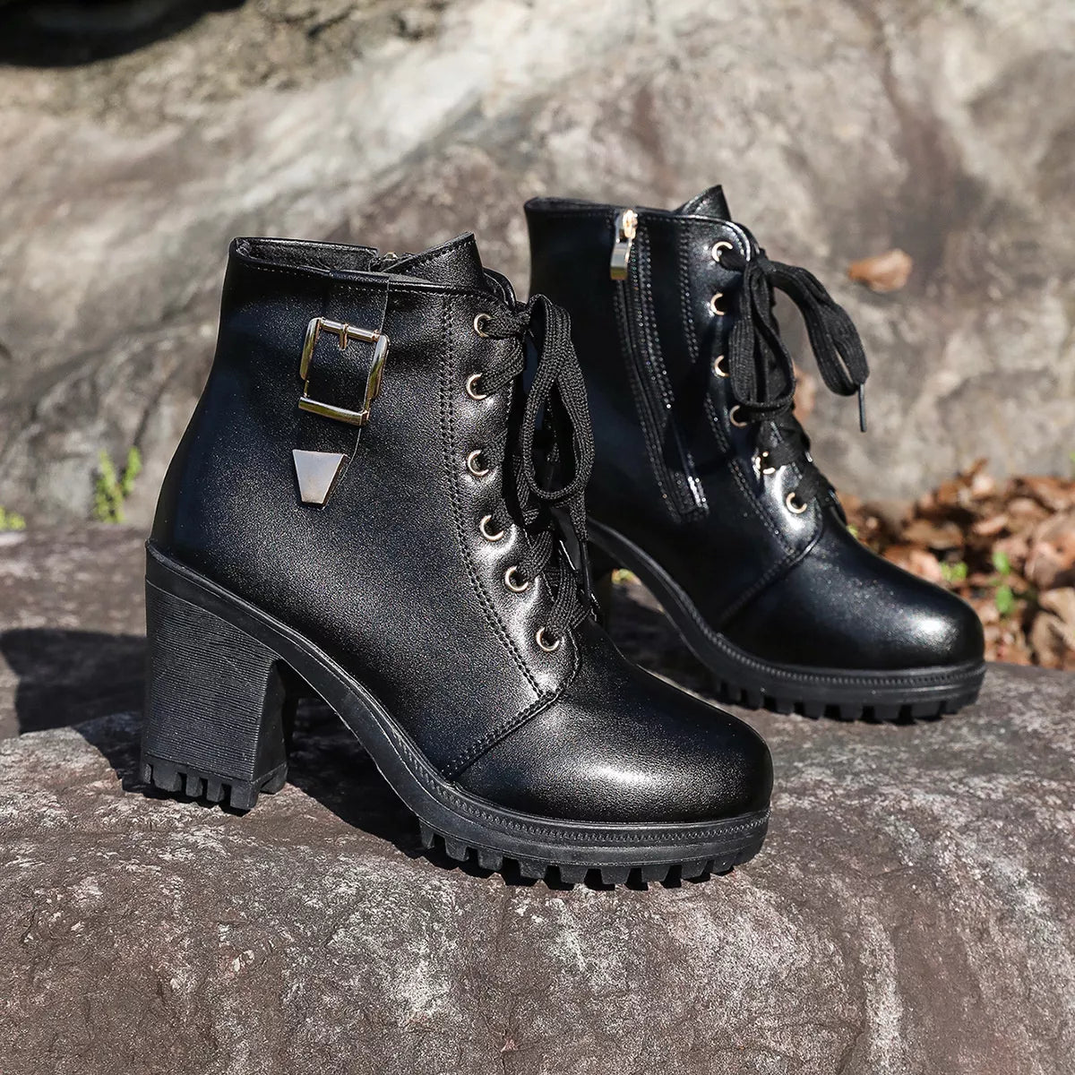 Women's Lace Up Block Heel Boots in Brown Faux Leather