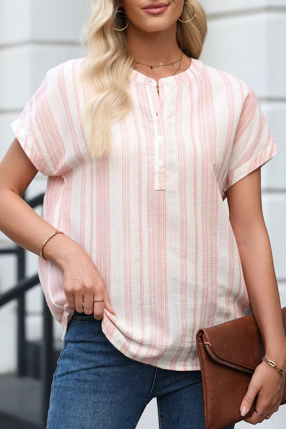 Women Striped Button Detail Short Sleeve Blouse Casual Shirt