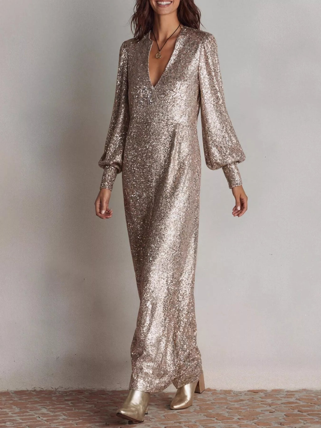 Gold Sequin Notched Lantern Sleeve Maxi Dress for Parties