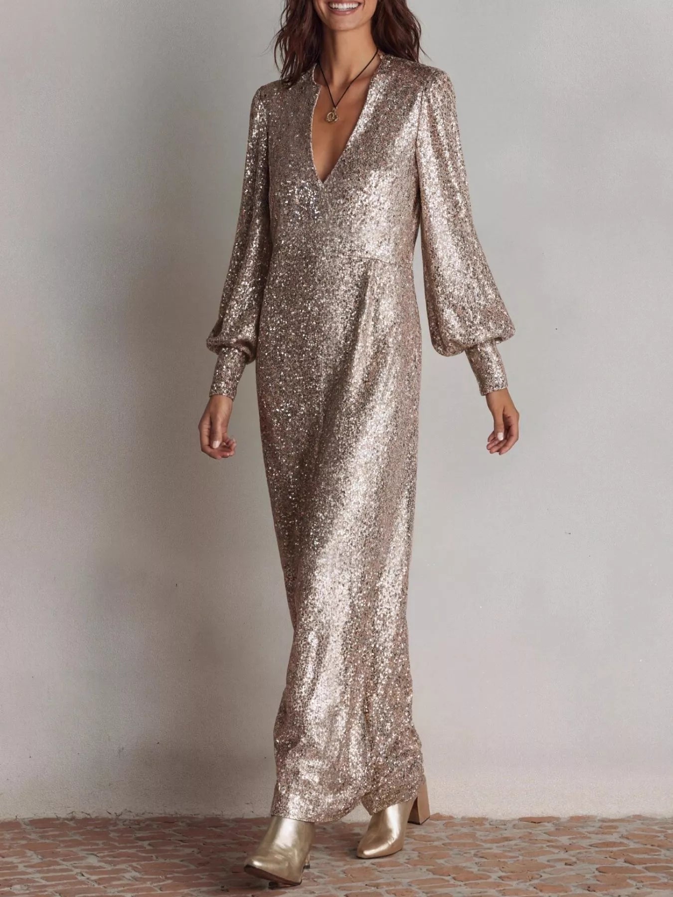 Gold Sequin Notched Lantern Sleeve Maxi Dress for Parties