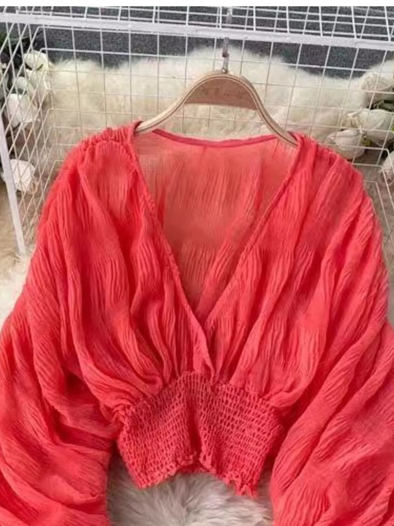 Purple Long Sleeve Smocked Ruched Blouse with V-Neck