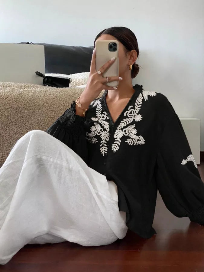 Women's Embroidered White Long Sleeve Notched Collar Blouse