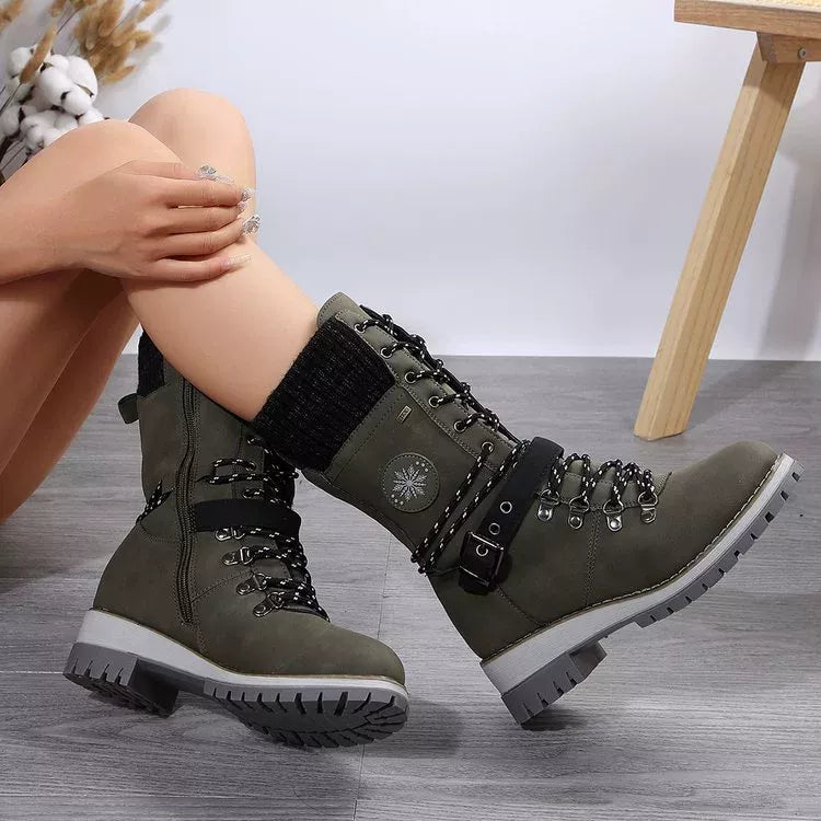 Women's Grey Lace Up Winter Boots with Knit Cuff and Buckle Detail