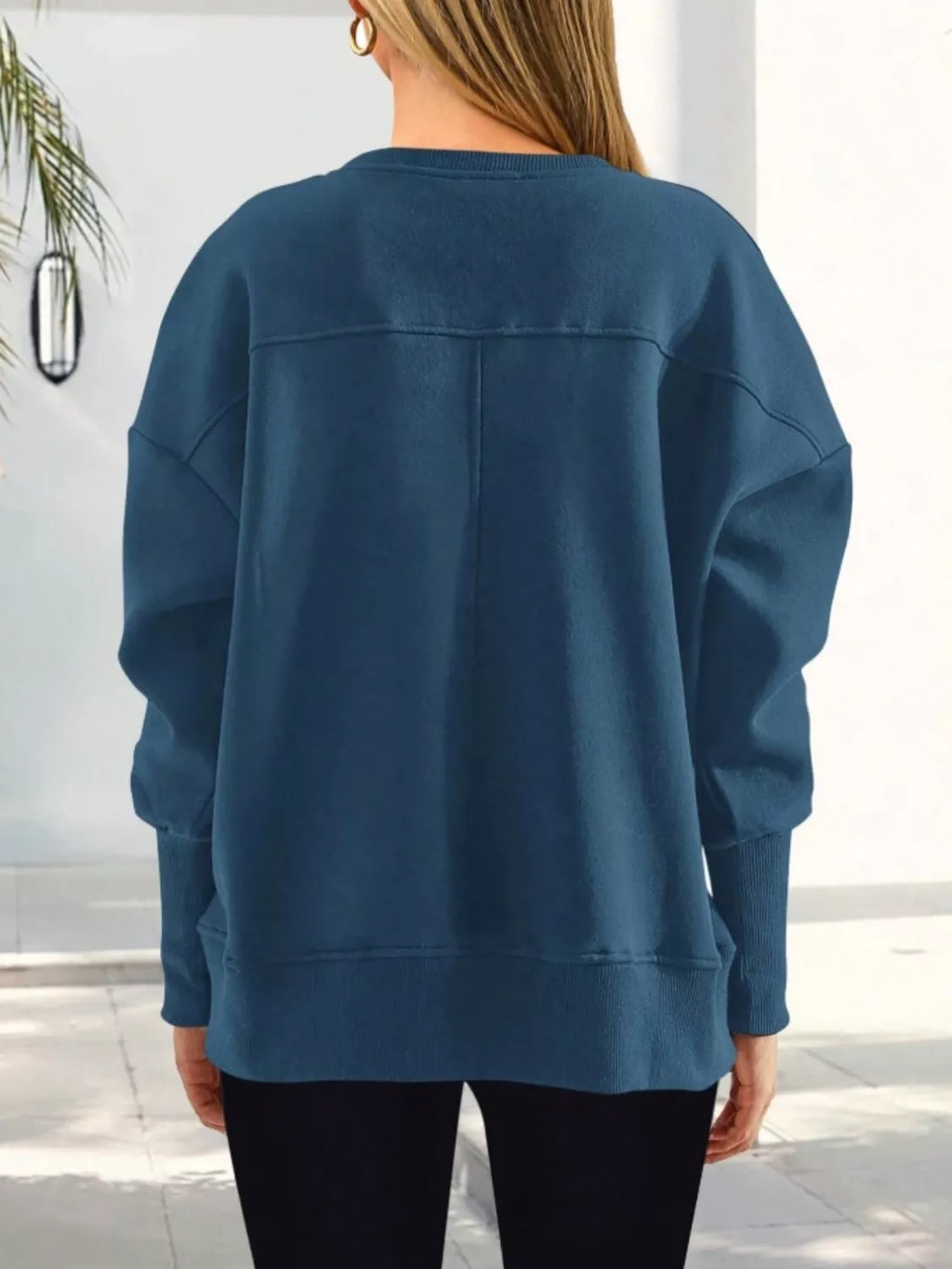 Women's Blue Side Slit Pullover Sweatshirt Long Sleeve Top
