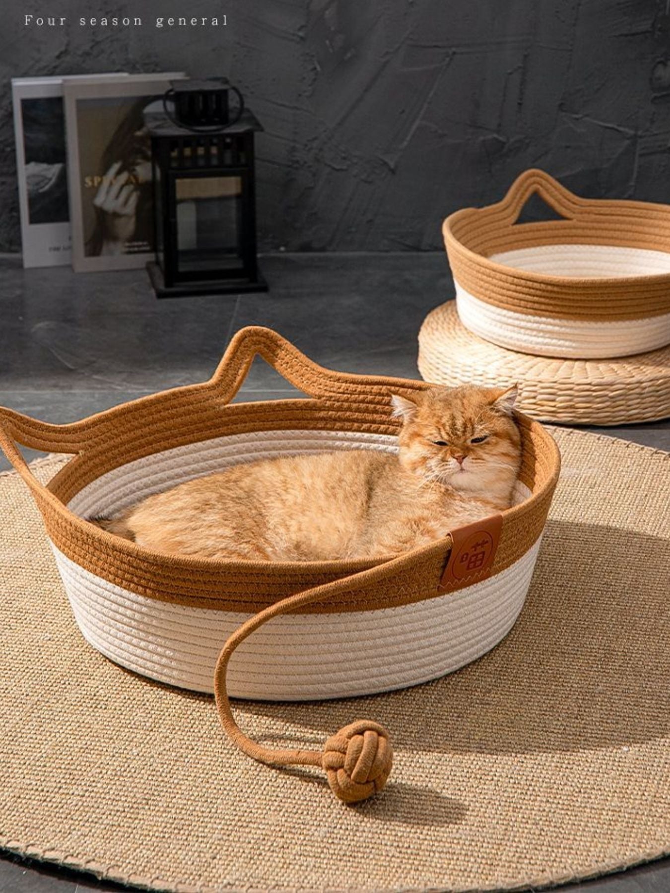 Woven Cotton Cord Cat Ear Pet Bed Cozy Semi-Enclosed Nest