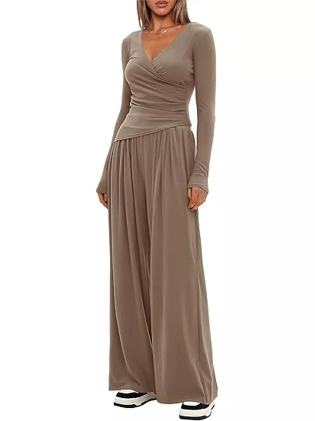 Women's Casual Long Sleeve V-Neck Top and Wide Leg Pants Lounge Set