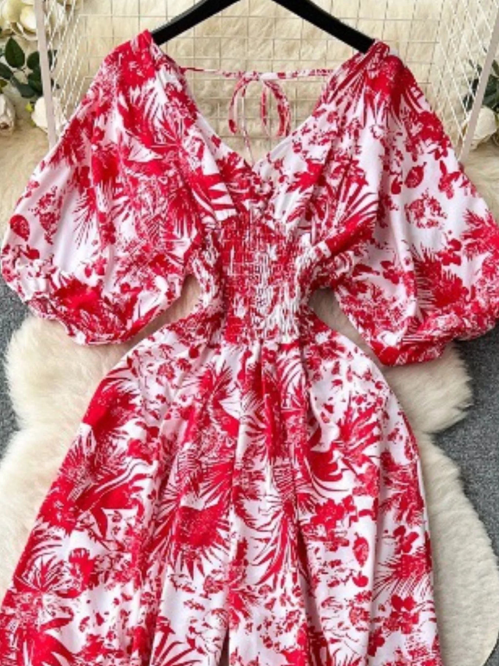 Yellow Floral Print Smocked V-Neck Wide Leg Jumpsuit
