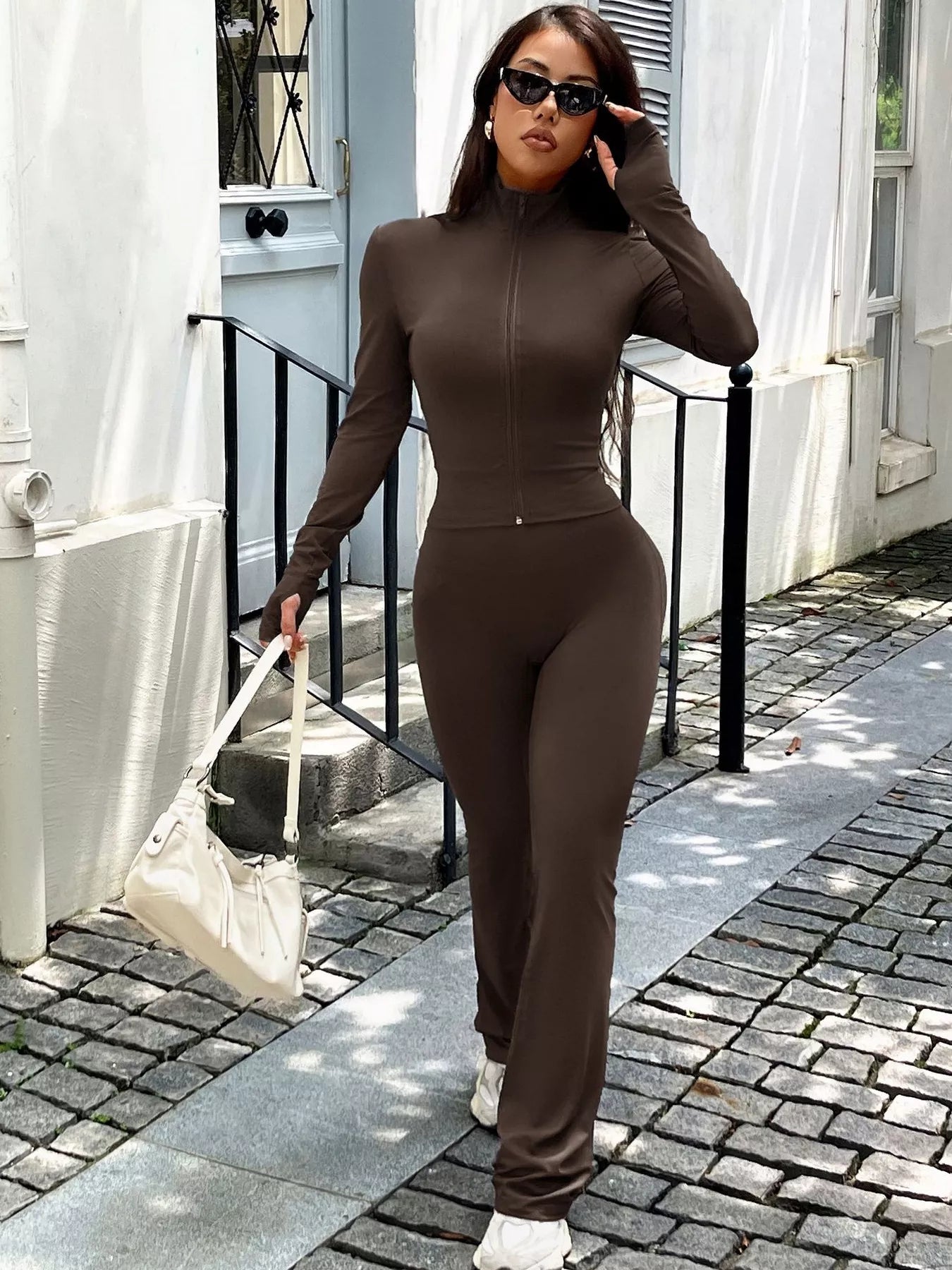 Women's Black Zip-Up Long Sleeve Activewear Top & Pants Set