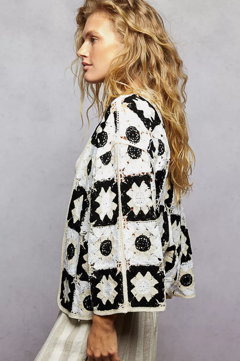 Women's Open Front Crochet Cardigan with Geometric Patterns