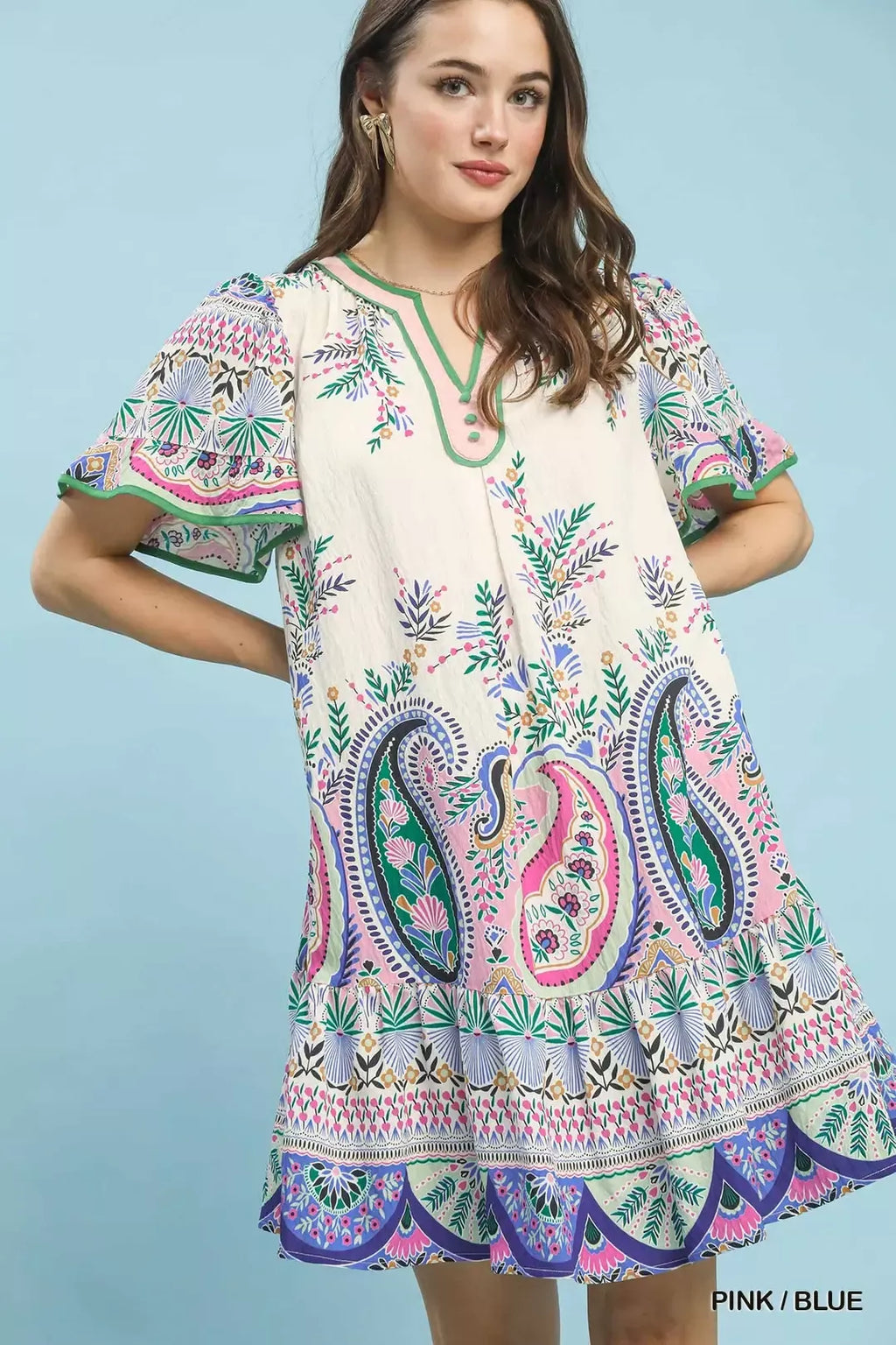 Pink and Blue Paisley Flutter Sleeve Mini Dress