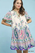 Pink and Blue Paisley Flutter Sleeve Mini Dress